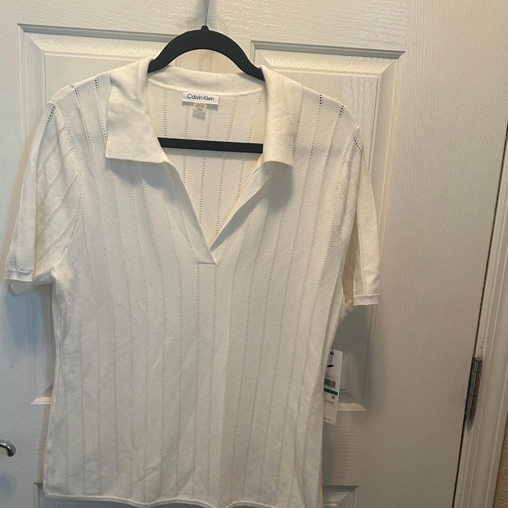 Calvin Klein Knit Short Sleeve Polo Sweater Wardrobe Basic Quiet Luxury Lrg